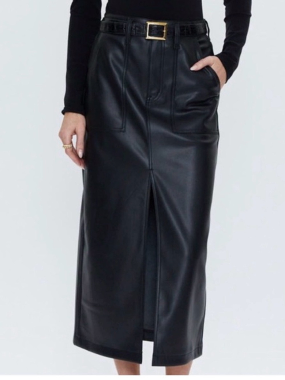 pistola Black Faux Leather Midi Skirt with Front Slit and Belt